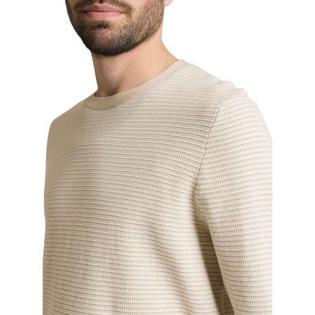 Pull en coton beige à rayures avec une coupe droite et un col rond - Image 3