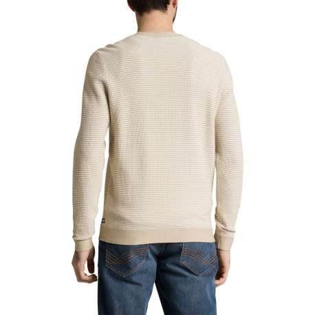 Pull en coton beige à rayures avec une coupe droite et un col rond - Image 4