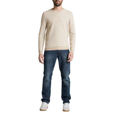 Pull en coton beige à rayures avec une coupe droite et un col rond - Image 5