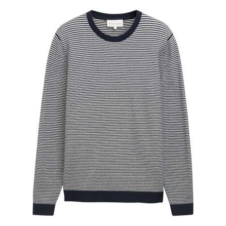 Pull en coton marine à rayures avec une coupe droite et un col rond