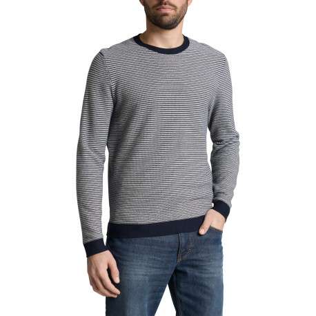 Pull en coton marine à rayures avec une coupe droite et un col rond - Image 3