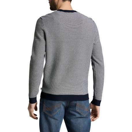 Pull en coton marine à rayures avec une coupe droite et un col rond - Image 4
