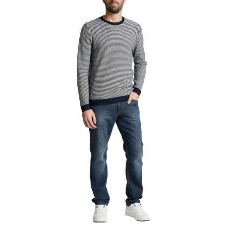Pull en coton marine à rayures avec une coupe droite et un col rond - Image 5