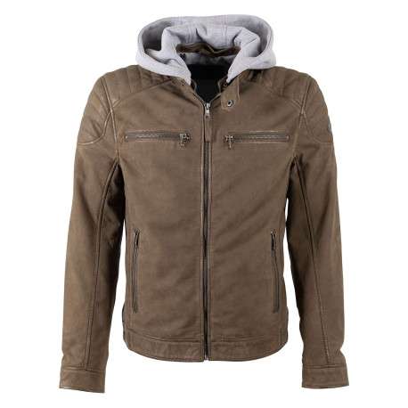 Blouson en cuir de mouton olive uni avec une coupe ajustée et un col à capuche