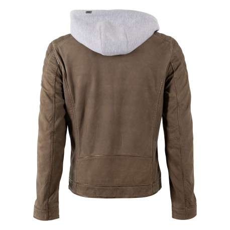 Blouson en cuir de mouton olive uni avec une coupe ajustée et un col à capuche - Image 2
