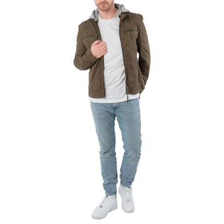Blouson en cuir de mouton olive uni avec une coupe ajustée et un col à capuche - Image 3