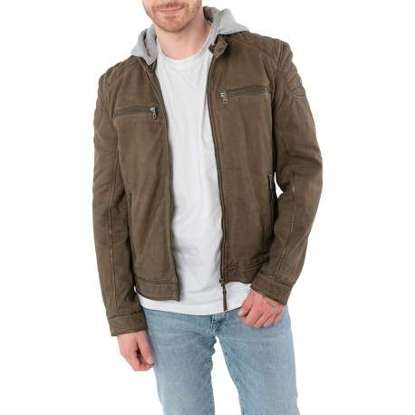 Blouson en cuir de mouton olive uni avec une coupe ajustée et un col à capuche - Image 4