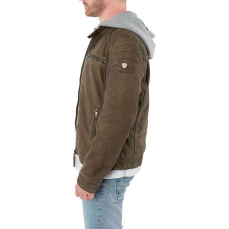 Blouson en cuir de mouton olive uni avec une coupe ajustée et un col à capuche - Image 5