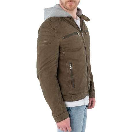 Blouson en cuir de mouton olive uni avec une coupe ajustée et un col à capuche - Image 6