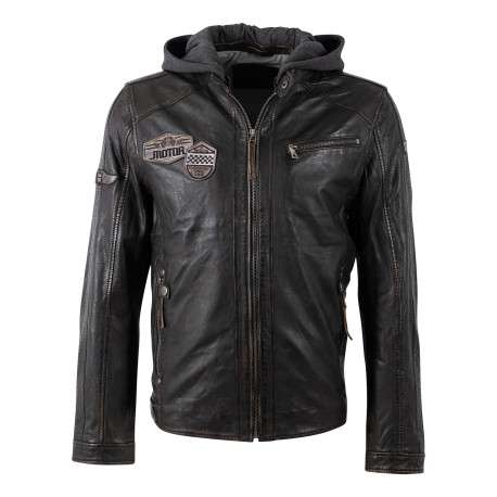 Blouson en cuir de mouton noire uni avec une coupe ajustée et un col à capuche