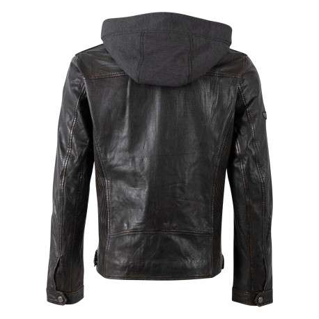 Blouson en cuir de mouton noire uni avec une coupe ajustée et un col à capuche - Image 2