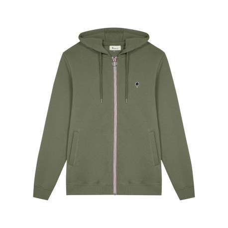 Sweat zippé kaki uni avec une coupe droite et un col à capuche