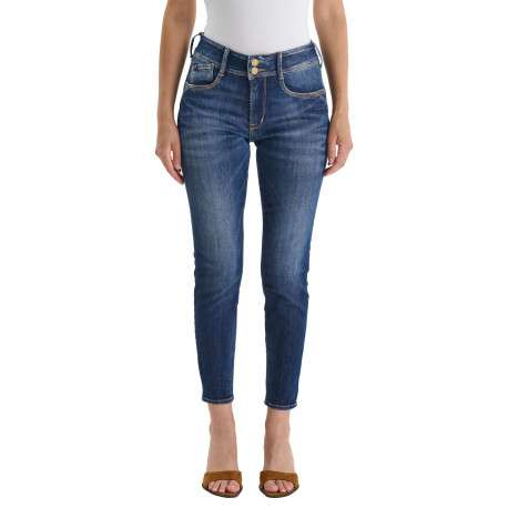 Jean en coton bleu à coupe slim pourvu de coutures contrastées