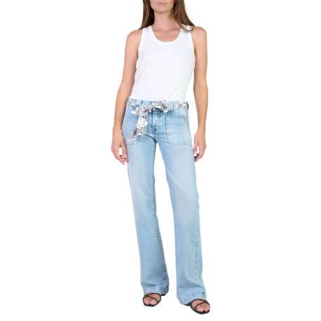 Jean en coton bleu coupe wide leg pourvu d'un ruban à nouer à la taille