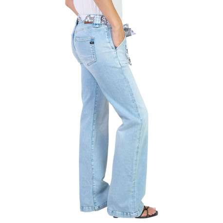 Jean en coton bleu coupe wide leg pourvu d'un ruban à nouer à la taille - Image 5