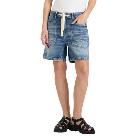 Short en coton bleu à coupe droite pourvu d'un cordon de serrage à la taille
