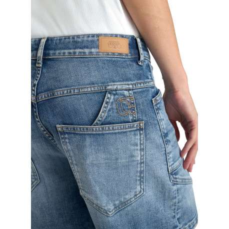 Short en coton bleu à coupe droite pourvu d'un cordon de serrage à la taille - Image 3