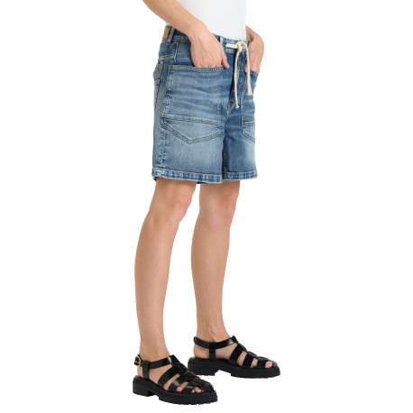 Short en coton bleu à coupe droite pourvu d'un cordon de serrage à la taille - Image 4