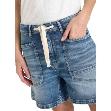 Short en coton bleu à coupe droite pourvu d'un cordon de serrage à la taille - Image 5