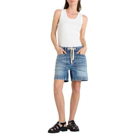 Short en coton bleu à coupe droite pourvu d'un cordon de serrage à la taille - Image 6
