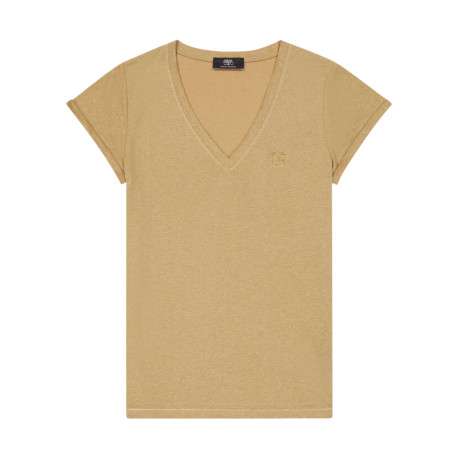 T-shirt marron à coupe droite pourvu d'un col v et de manches courtes