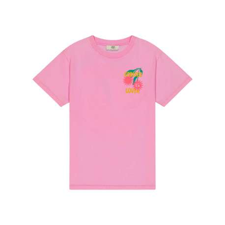 T-shirt en coton rose imprimé à coupe droite pourvu d'un col rond