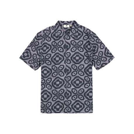 Chemise en coton bleu marine à motifs abstraits imprimés avec une coupe droite