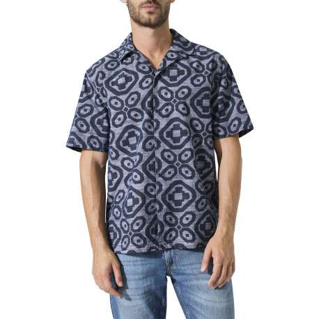 Chemise en coton bleu marine à motifs abstraits imprimés avec une coupe droite - Image 2