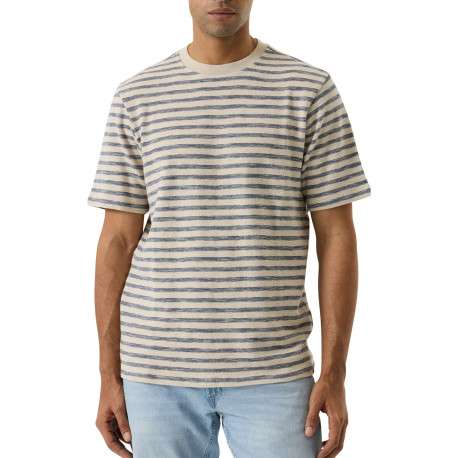 T-shirt en coton écru à rayures bleues avec une coupe droite et un col rond - Image 2