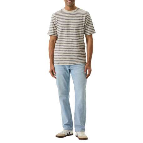 T-shirt en coton écru à rayures bleues avec une coupe droite et un col rond - Image 3