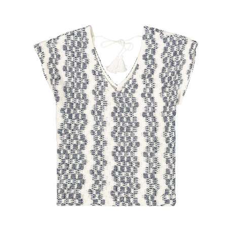 Top en coton mélangé écru à rayures bleues avec une coupe droite