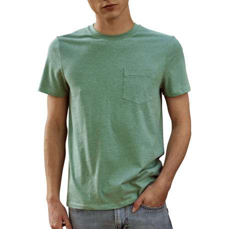 T-shirt en coton vert uni avec une coupe droite et un col rond - Image 4