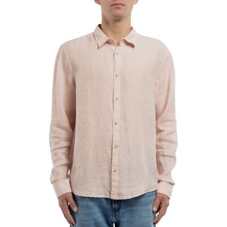 Chemise en lin rose à coupe droite pourvue d'un col à revers