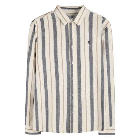 Chemise beige et grise en lin et coton ornée d'un motif à rayures