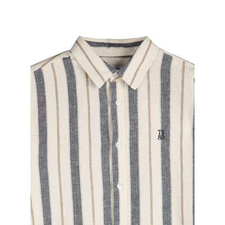 Chemise beige et grise en lin et coton ornée d'un motif à rayures - Image 3