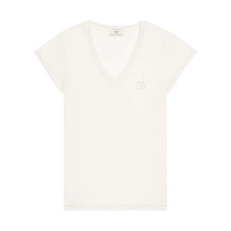 T-shirt écru pourvu d'un col v et du logo de la marque brillant