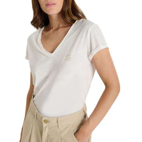 T-shirt écru pourvu d'un col v et du logo de la marque brillant - Image 2
