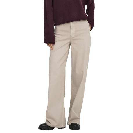Pantalon beige uni avec une coupe flare avec un zip et un bouton - Image 3