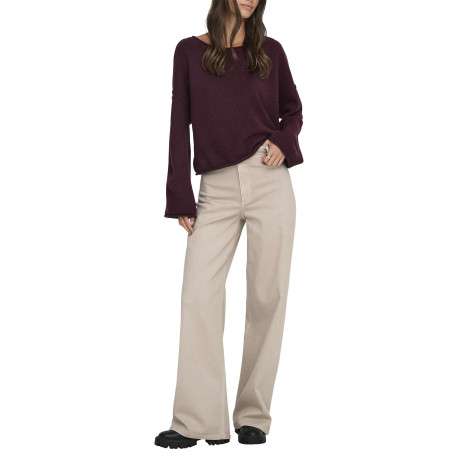 Pantalon beige uni avec une coupe flare avec un zip et un bouton - Image 5