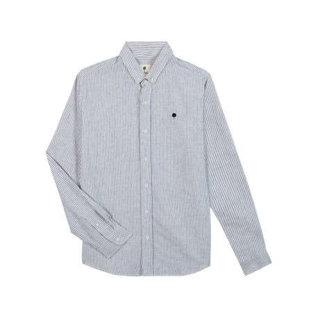 Chemise en coton et lin mélangé bleue à rayures avec un col américain