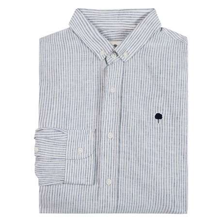 Chemise en coton et lin mélangé bleue à rayures avec un col américain - Image 5