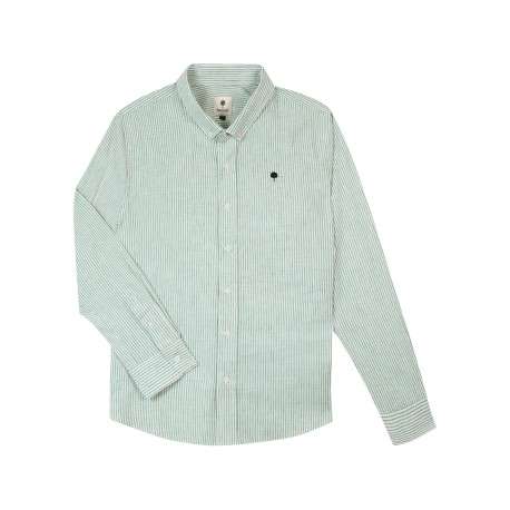 Chemise en coton et lin mélangé verte à rayures avec un col américain