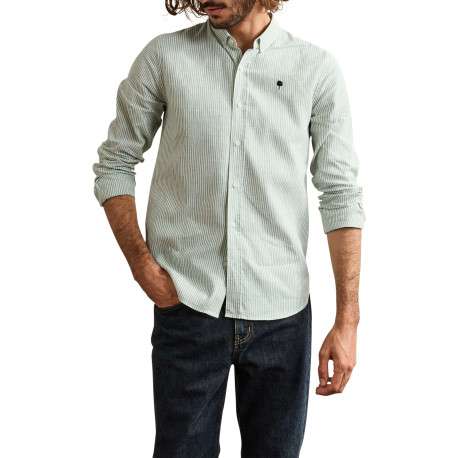 Chemise en coton et lin mélangé verte à rayures avec un col américain - Image 2