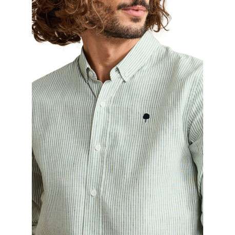 Chemise en coton et lin mélangé verte à rayures avec un col américain - Image 4
