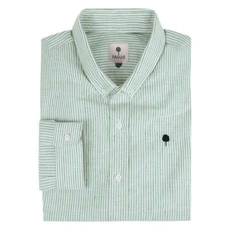 Chemise en coton et lin mélangé verte à rayures avec un col américain - Image 5