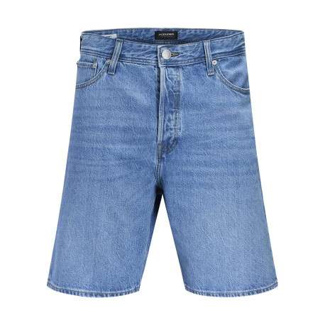 Short en coton bleu délavé avec une coupe droite et 1 bouton de fermeture