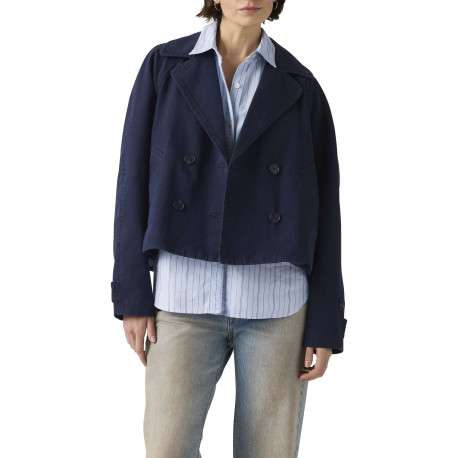 Manteau trench en coton marine uni avec une coupe droite et un col à revers - Image 3