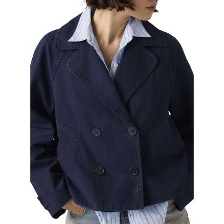 Manteau trench en coton marine uni avec une coupe droite et un col à revers - Image 4