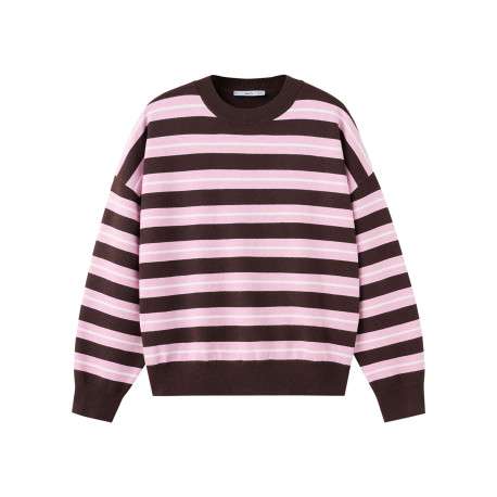 Pull marron à rayures roses avec une coupe droite et un col rond