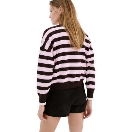Pull marron à rayures roses avec une coupe droite et un col rond - Image 4